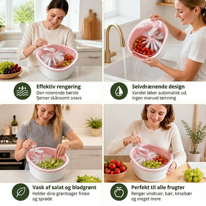 Frugt- og grøntsagsvasker med roterende børste og automatisk afløb