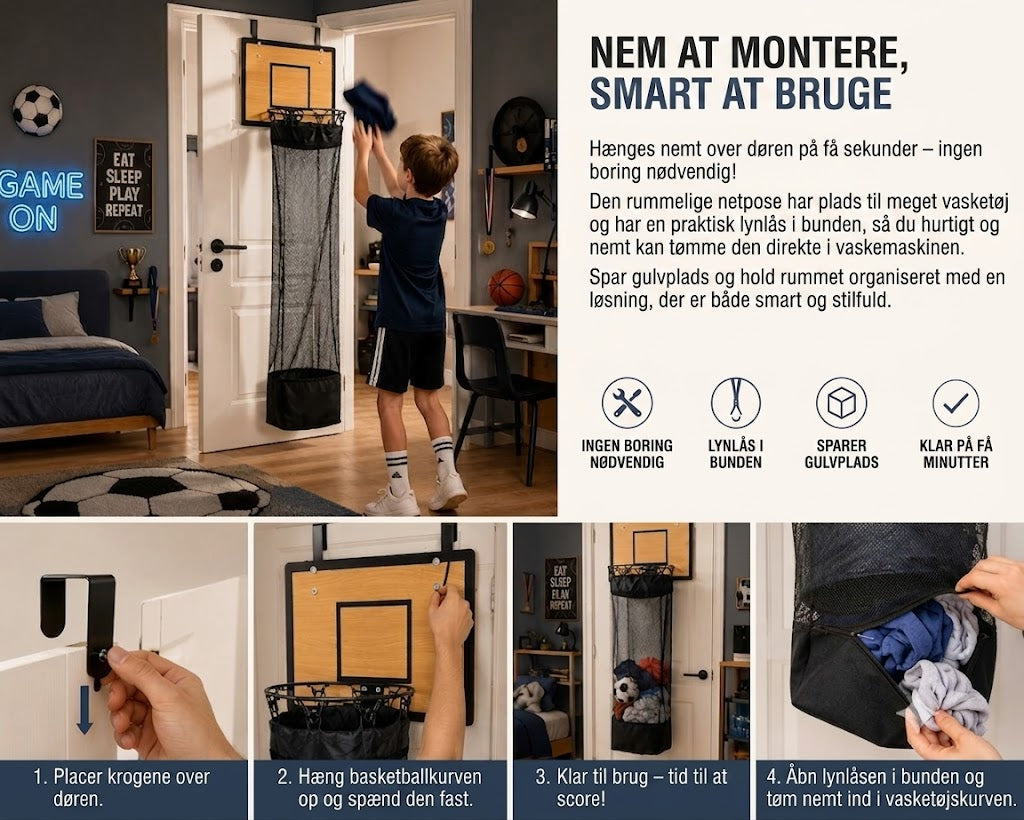 Dørhængt vasketøjskurv: 2-i-1 basketballkurv og vasketøjskurv 🏀