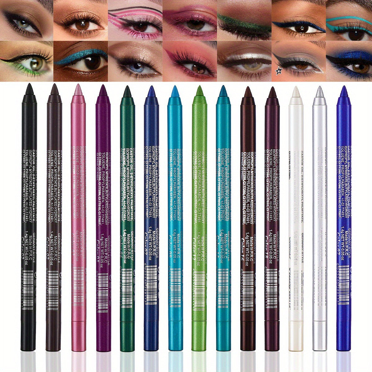 14-deles sæt med vandfaste, farverige gel-eyeliners 👁️🌈✏️