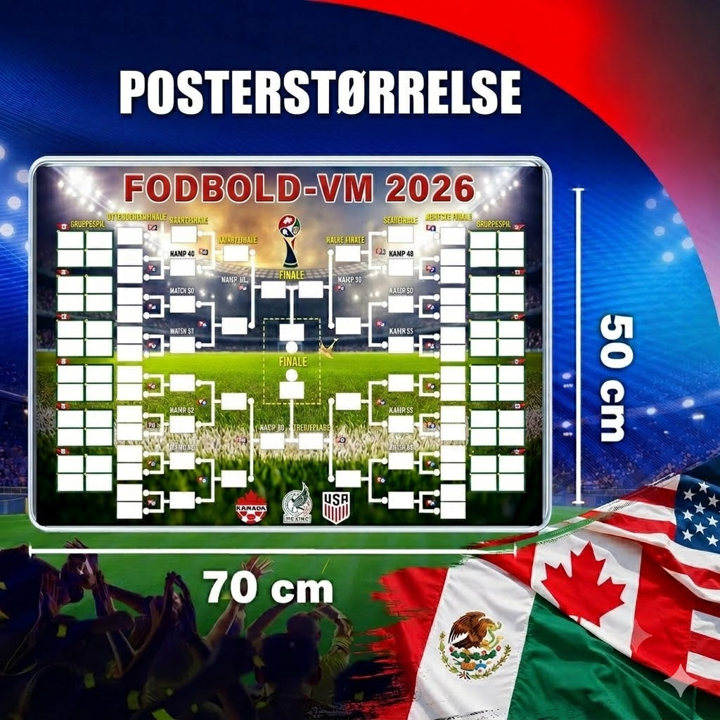 Kampprogramsplakat for VM 2026 — udfyld skemaet, placer dine væddemål, følg hele turneringen.