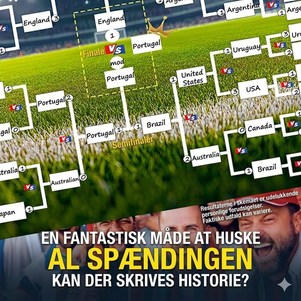 Kampprogramsplakat for VM 2026 — udfyld skemaet, placer dine væddemål, følg hele turneringen.