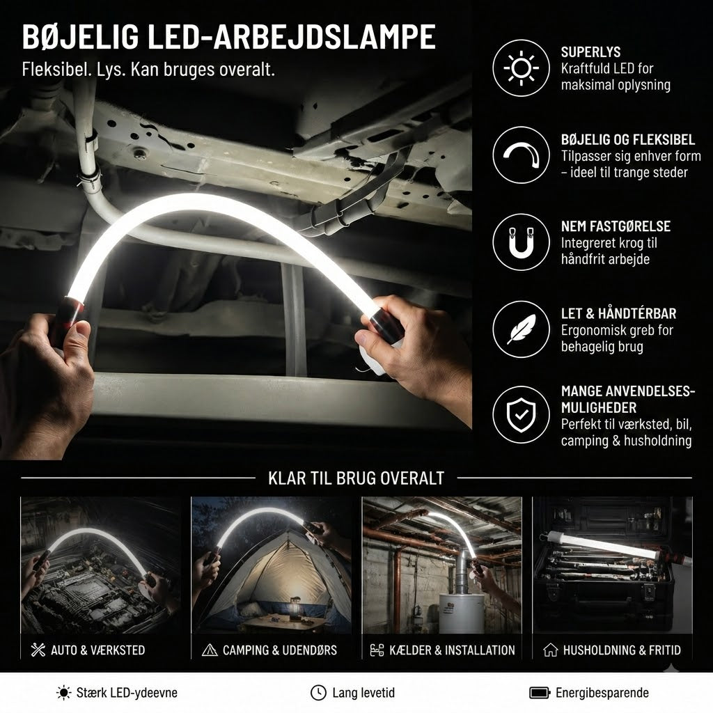 🔥📢Begrænset tid: 50% rabat! Fleksibel LED-arbejdslampe – Bøjelig og kraftfuld belysning til værksted og DIY