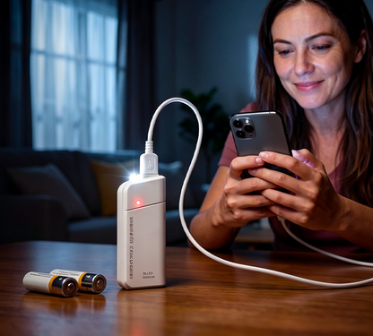 AA-batteri powerbank med LED-lommelygte – ekstra strøm til din telefon i nødsituationer