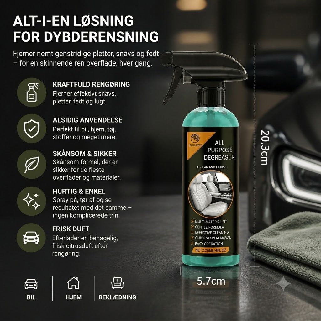 Multifunktionel bilrengøringsspray – Kraftfuld pletfjerner og den ultimate løsning mod genstridigt snavs.