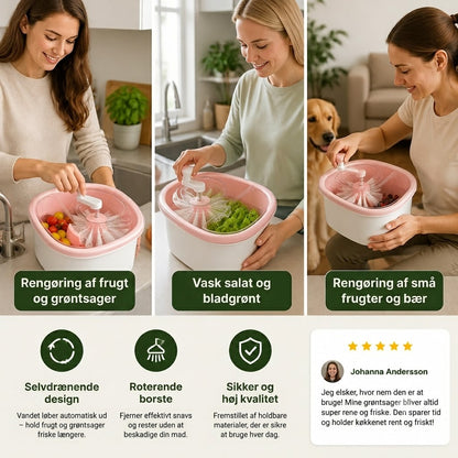 Frugt- og grøntsagsvasker med roterende børste og automatisk afløb