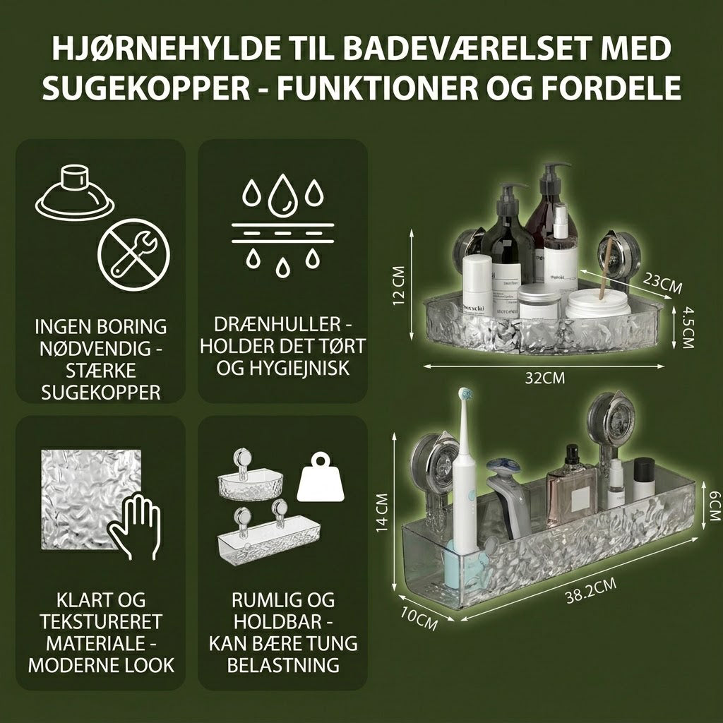 Hjørnehylde til badeværelset med sugekopper – opbevaringshylde uden boring