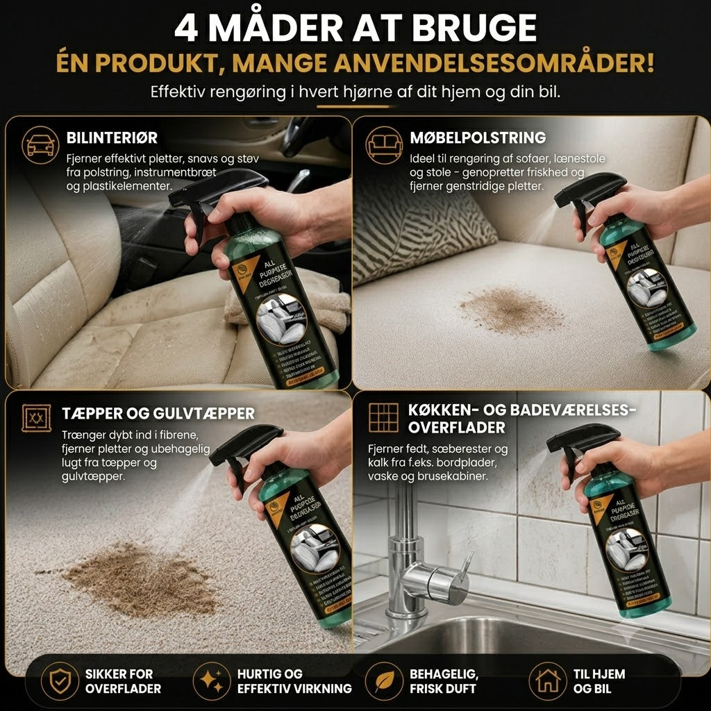 Multifunktionel bilrengøringsspray – Kraftfuld pletfjerner og den ultimate løsning mod genstridigt snavs.
