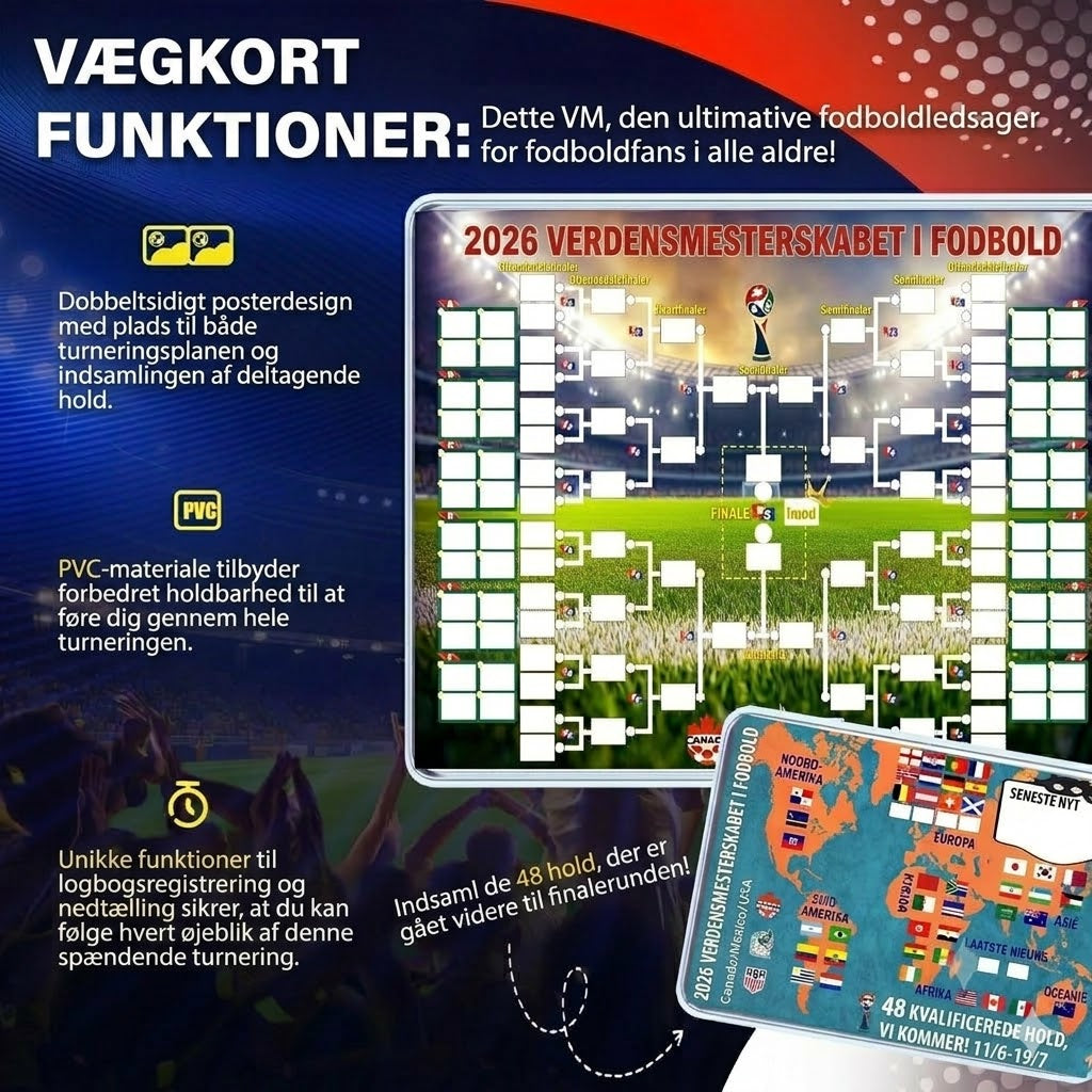 Kampprogramsplakat for VM 2026 — udfyld skemaet, placer dine væddemål, følg hele turneringen.