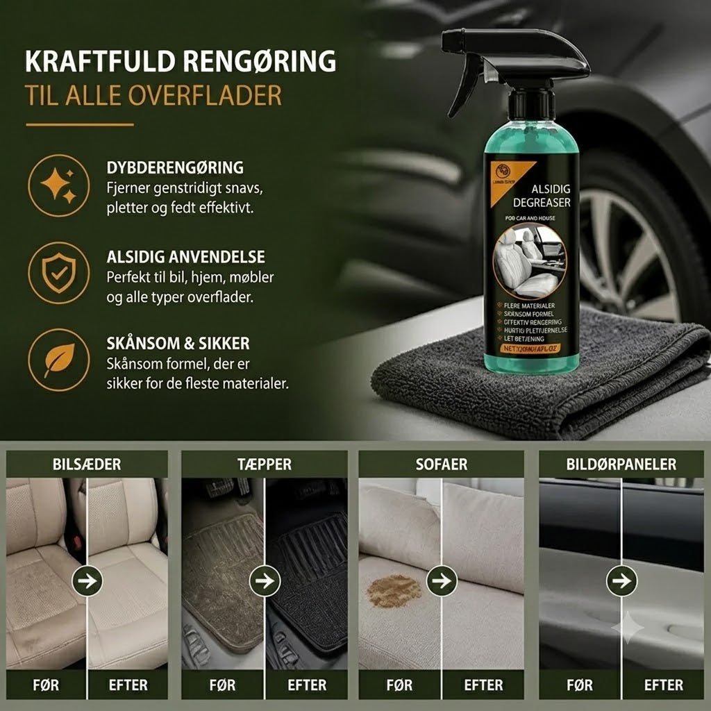 Multifunktionel bilrengøringsspray – Kraftfuld pletfjerner og den ultimate løsning mod genstridigt snavs.