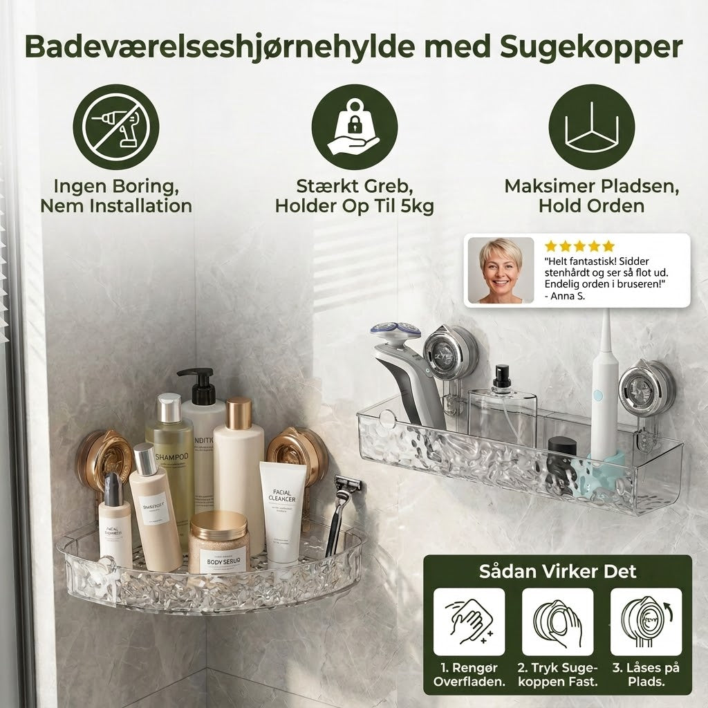 Hjørnehylde til badeværelset med sugekopper – opbevaringshylde uden boring