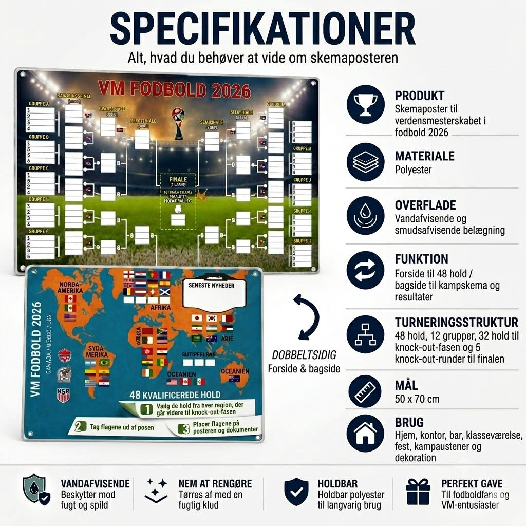 Kampprogramsplakat for VM 2026 — udfyld skemaet, placer dine væddemål, følg hele turneringen.