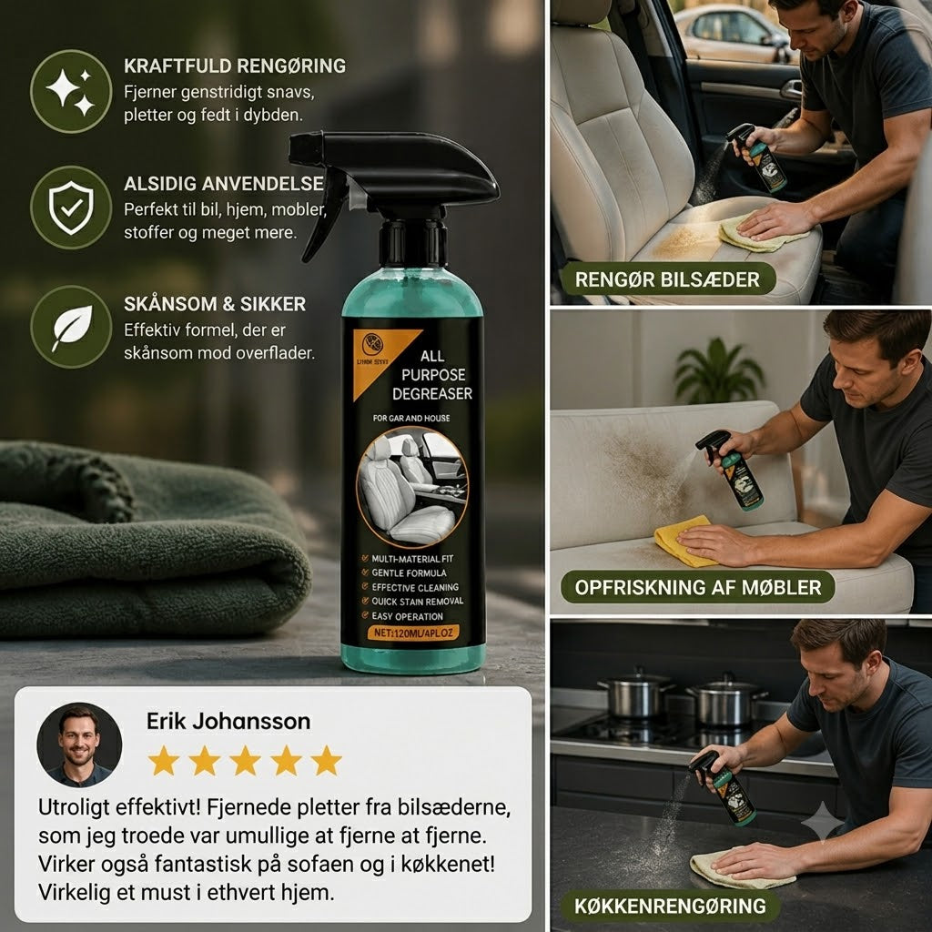 Multifunktionel bilrengøringsspray – Kraftfuld pletfjerner og den ultimate løsning mod genstridigt snavs.