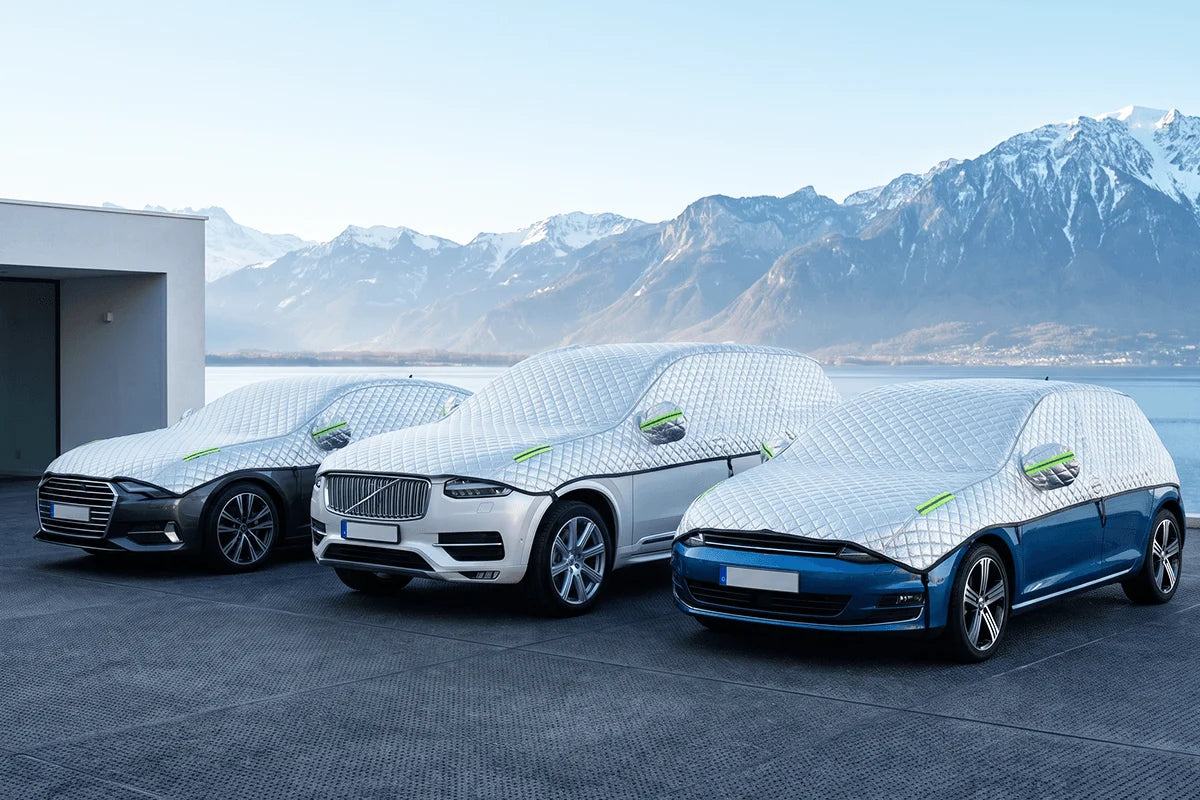 Tykt halvt bilcover til sol- og snebeskyttelse – frost- og uv-beskyttende bilgarage