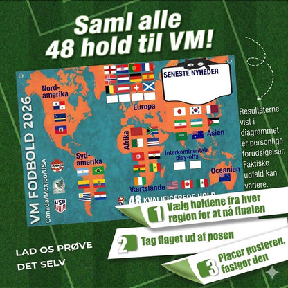 Kampprogramsplakat for VM 2026 — udfyld skemaet, placer dine væddemål, følg hele turneringen.