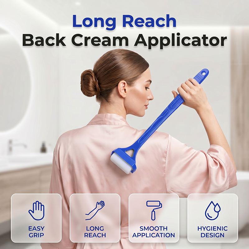 🥳 BESTSELLER 2026 🥳 Kropsapplikator med rulle og ergonomisk buet håndtag – nem og jævn påføring af kropslotion og solcreme